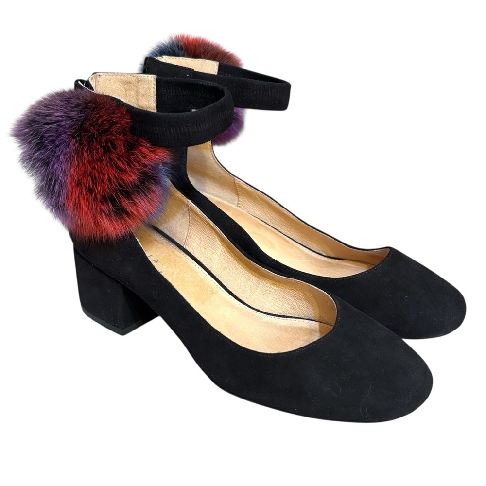 Anthropologie Cecelia heels Liv chunky black pompom ankle strap size US women’s